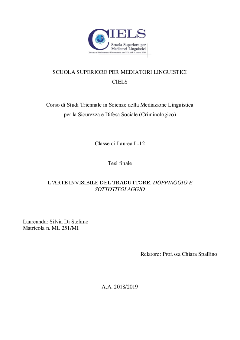 Anteprima della tesi: L'arte invisibile del traduttore: doppiaggio e sottotitolaggio, Pagina 1
