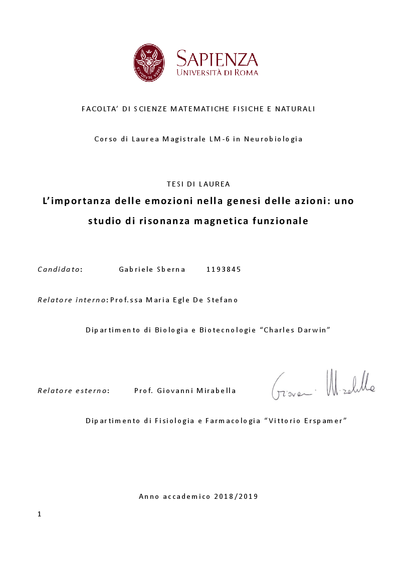 Anteprima della tesi: L'importanza delle emozioni nella genesi delle azioni: uno studio di risonanza magnetica funzionale, Pagina 1
