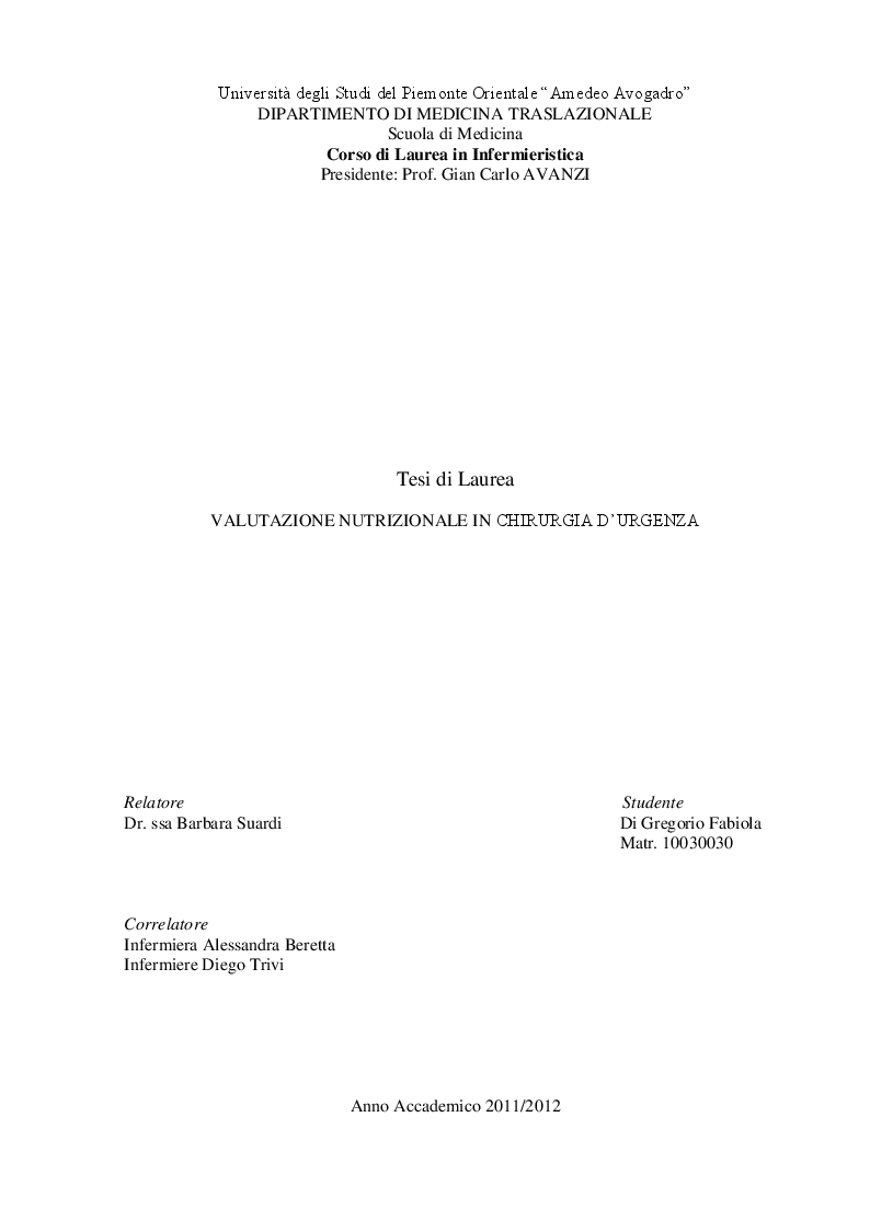 Anteprima della tesi: Valutazione nutrizionale in chirurgia d'urgenza, Pagina 1