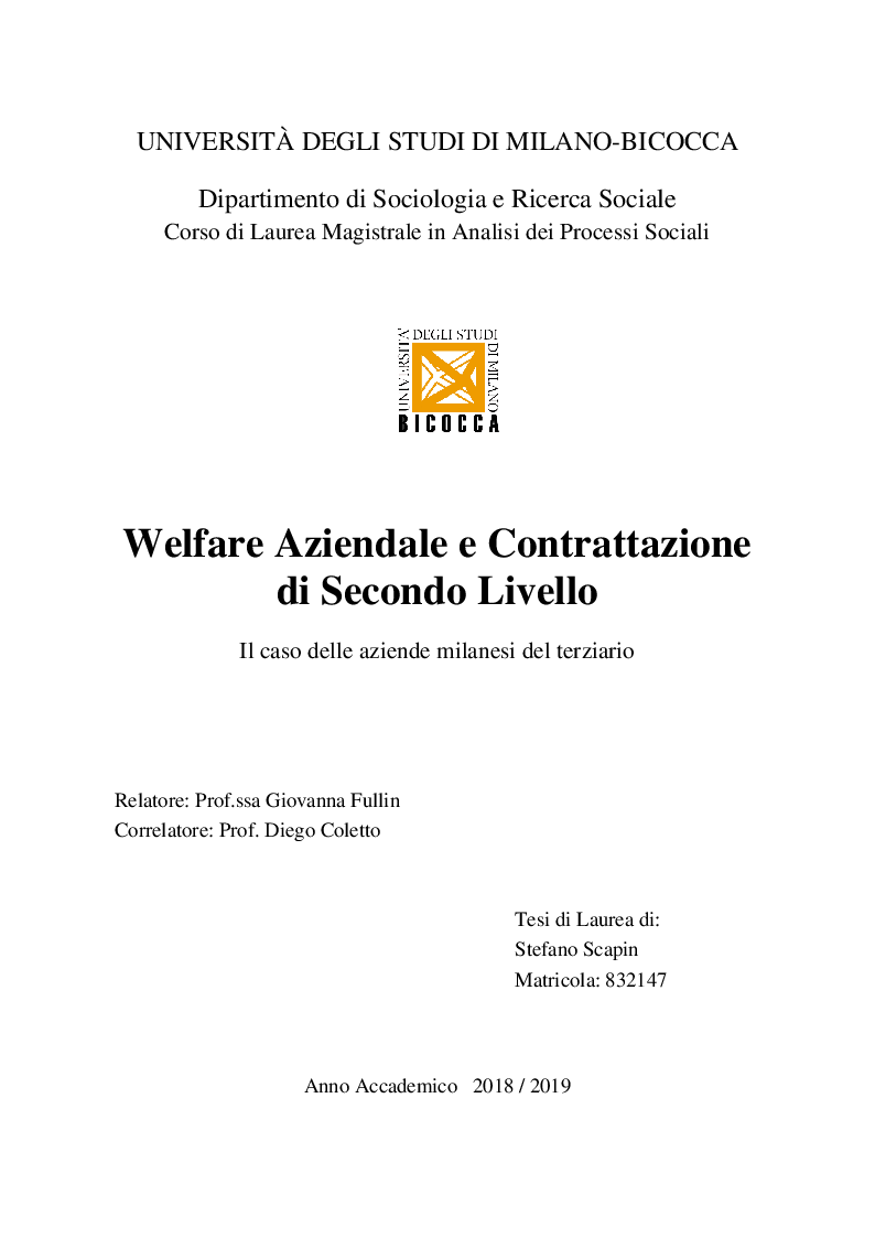 Anteprima della tesi: Welfare Aziendale e Contrattazione di Secondo Livello. Il caso delle aziende milanesi del terziario, Pagina 1