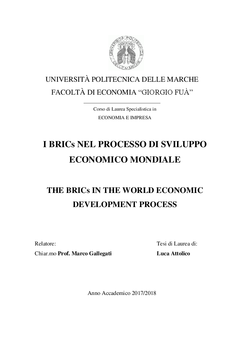 Anteprima della tesi: I BRICs nel processo di sviluppo economico mondiale, Pagina 1