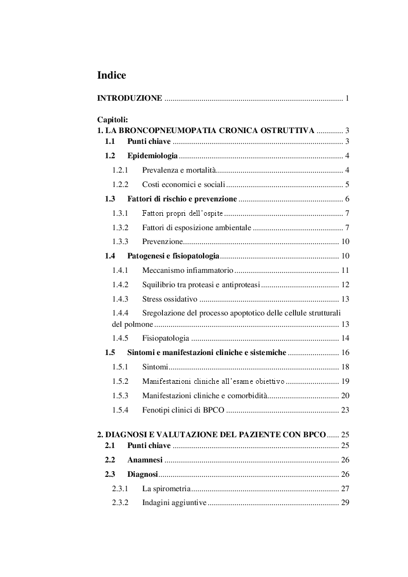 Indice della tesi: Strategie riabilitative nel trattamento del paziente con BPCO, Pagina 1