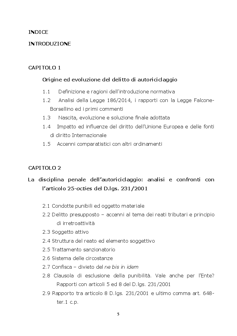 Indice della tesi: Autoriciclaggio e art. 25-octies D.lgs. 231/2001: come varia il principio di legalità, Pagina 1