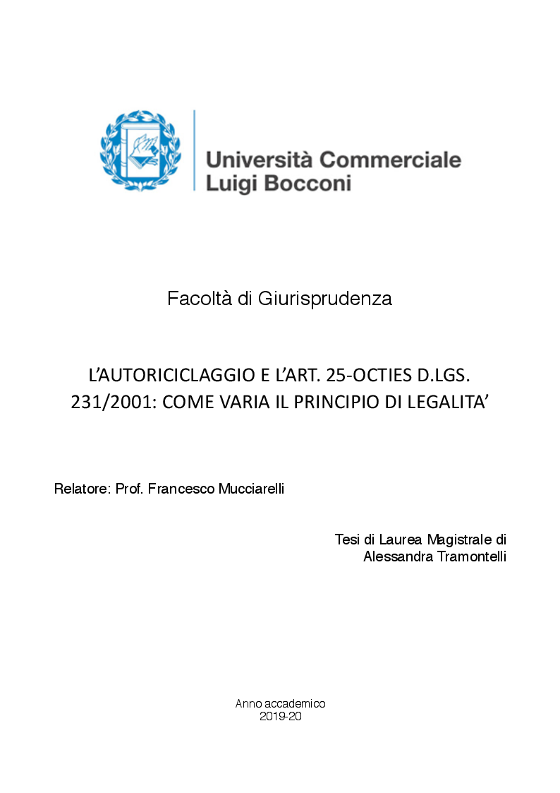 Anteprima della tesi: Autoriciclaggio e art. 25-octies D.lgs. 231/2001: come varia il principio di legalità, Pagina 1