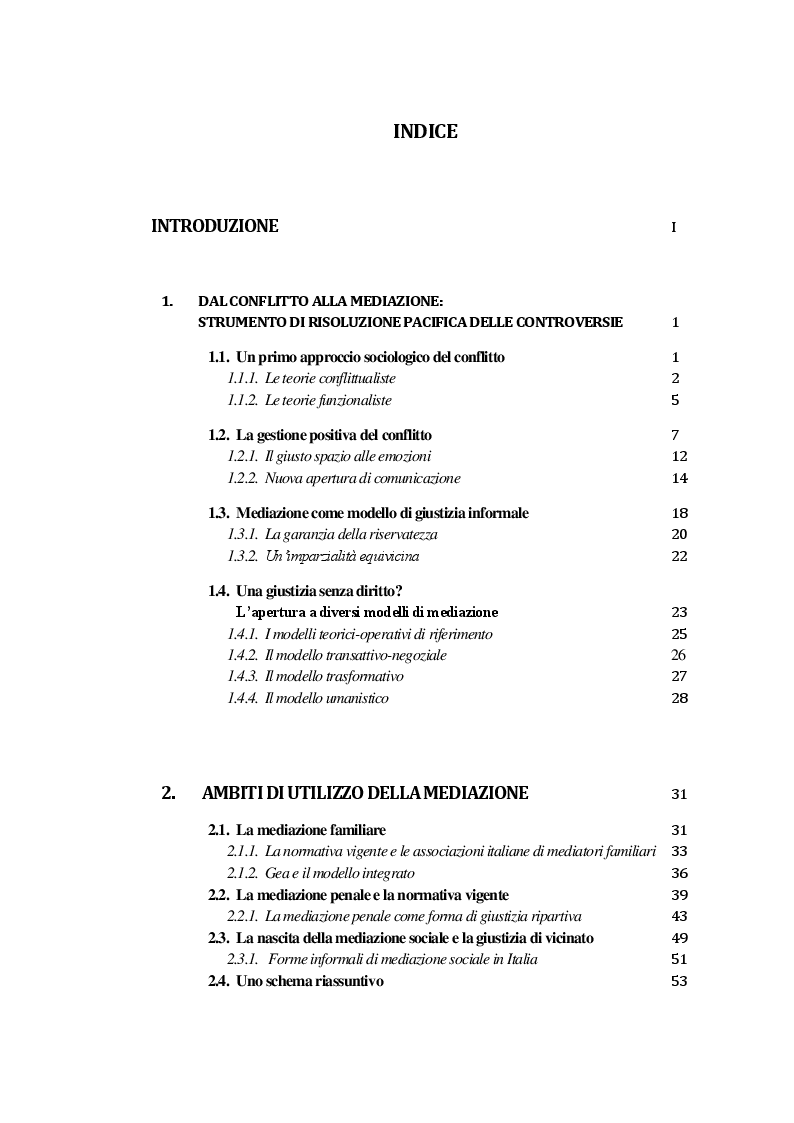 Indice della tesi: La Mediazione nei conflitti familiari, Pagina 1