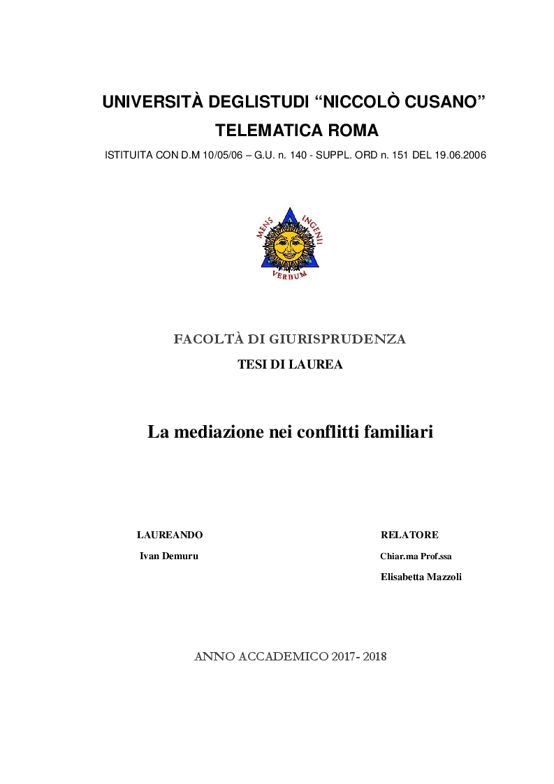 Anteprima della tesi: La Mediazione nei conflitti familiari, Pagina 1
