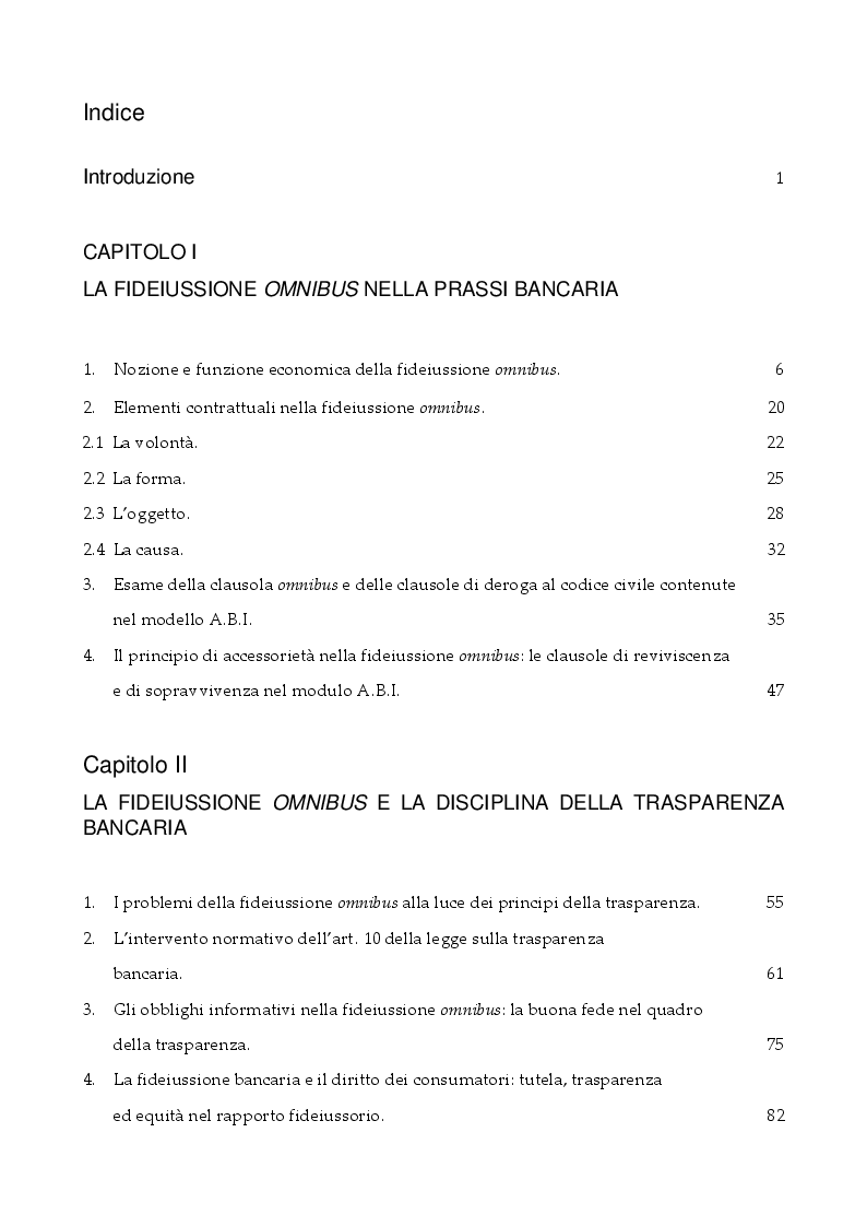 Indice della tesi: Questioni attuali in materia di fideiussione omnibus, Pagina 1