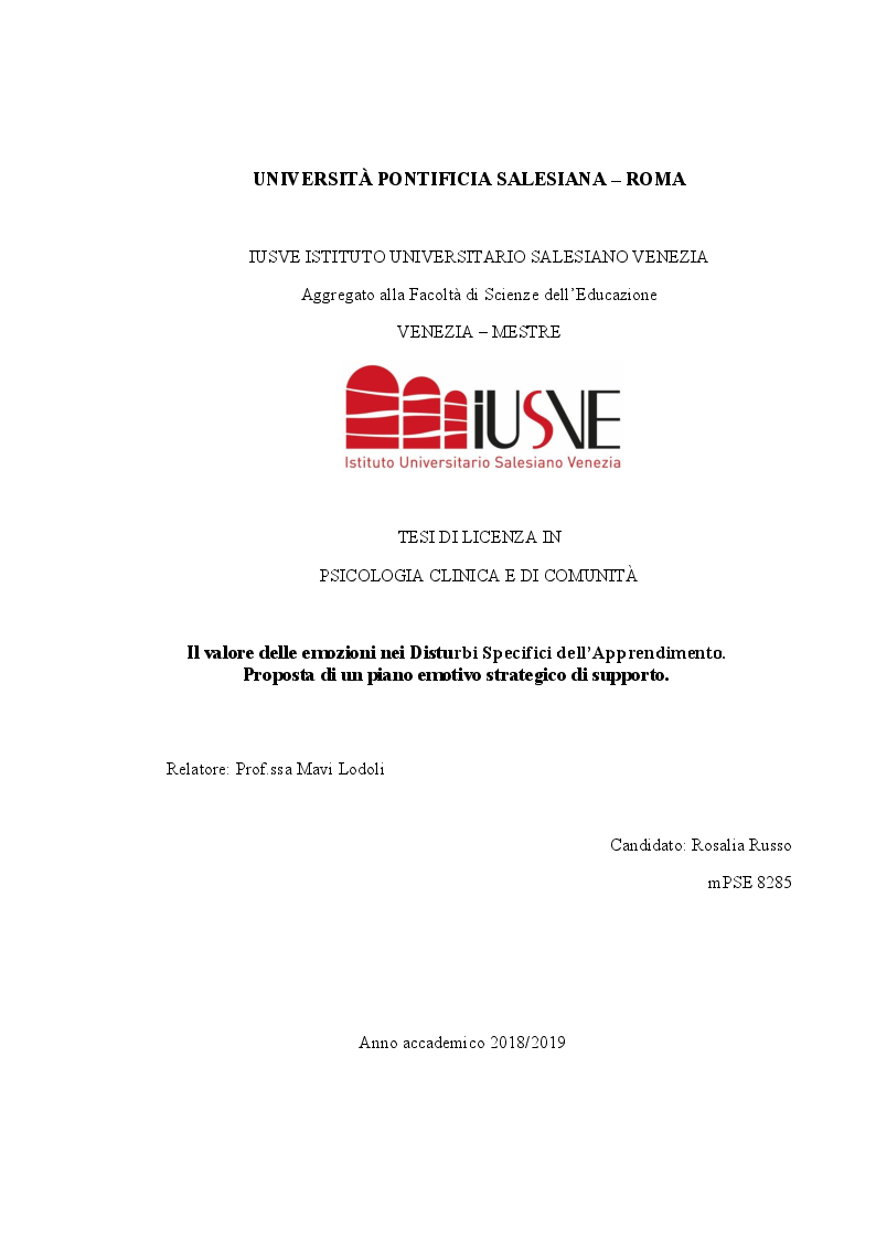 Anteprima della tesi: Il valore delle emozioni nei Disturbi Specifici dell’Apprendimento. Proposta di un piano emotivo strategico di supporto., Pagina 1