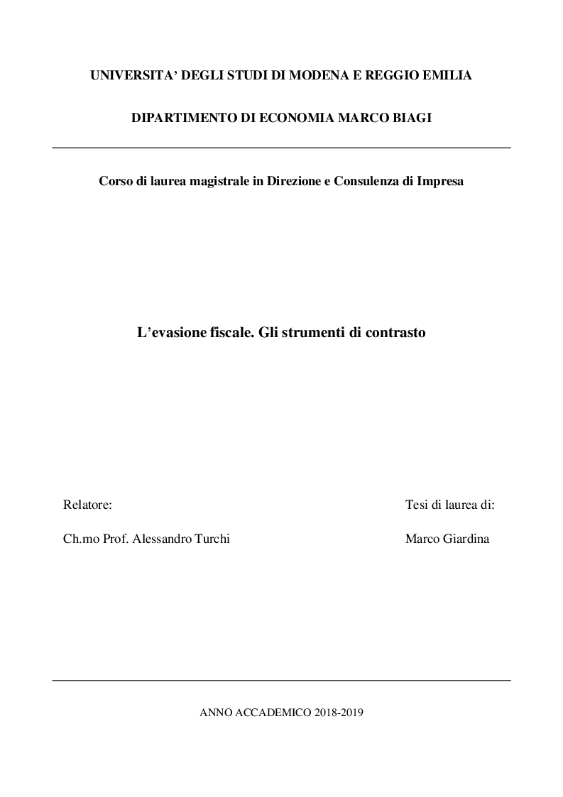 Anteprima della tesi: L'evasione fiscale. Gli strumenti di contrasto, Pagina 1