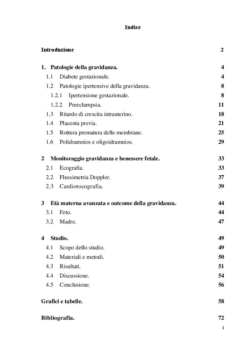 Indice della tesi: Età materna avanzata e outcome della gravidanza, Pagina 1