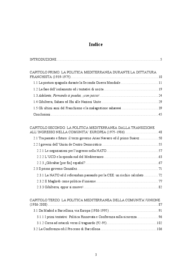 Indice della tesi: La Spagna ed il Mediterraneo: da politica nazionale a politica europea, Pagina 1