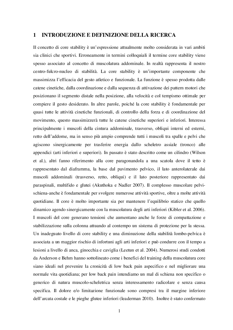 Estratto dalla tesi: Core Stability prevenzione e cura per low back pain: confronto tra ''Core training'' & ''Back schools''