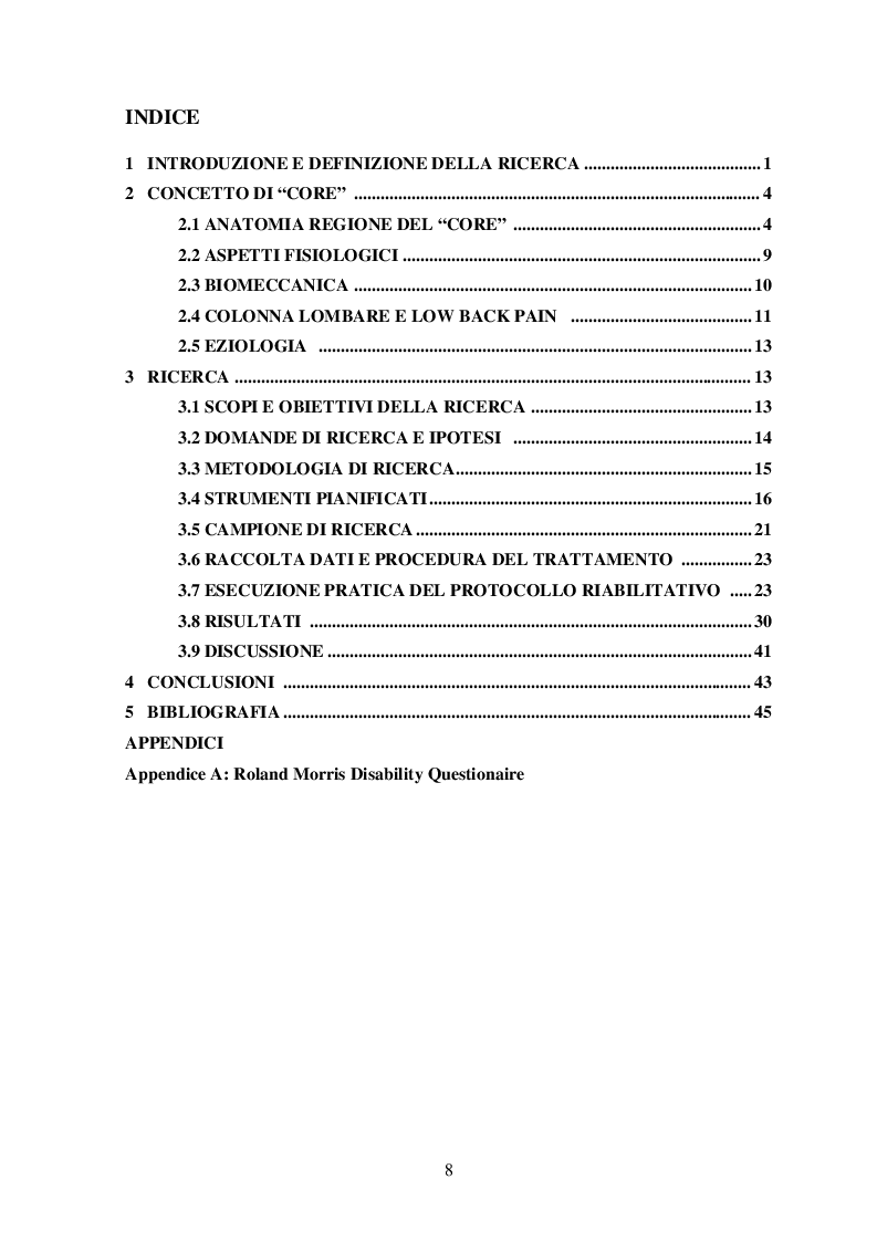 Indice della tesi: Core Stability prevenzione e cura per low back pain: confronto tra ''Core training'' & ''Back schools'', Pagina 1