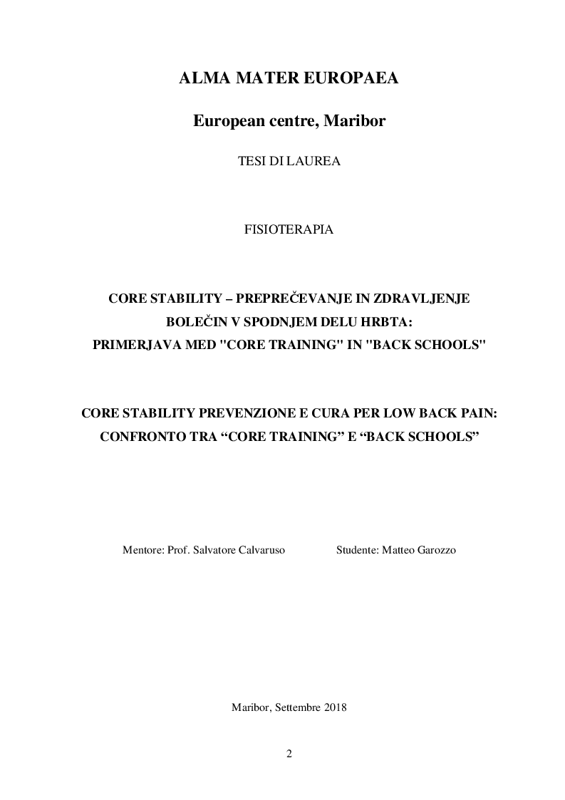 Anteprima della tesi: Core Stability prevenzione e cura per low back pain: confronto tra ''Core training'' & ''Back schools'', Pagina 1