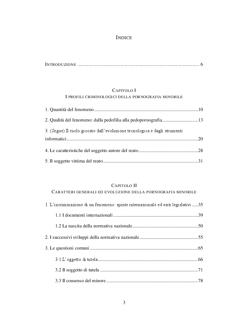 Indice della tesi: I delitti di pornografia minorile: tra esigenze di tutela e principi di garanzia, Pagina 1