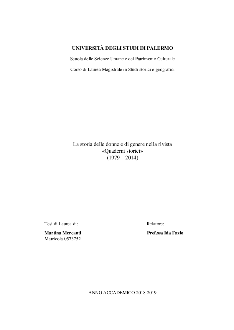 Anteprima della tesi: La storia delle donne e di genere nella rivista «Quaderni storici» (1979 – 2014), Pagina 1