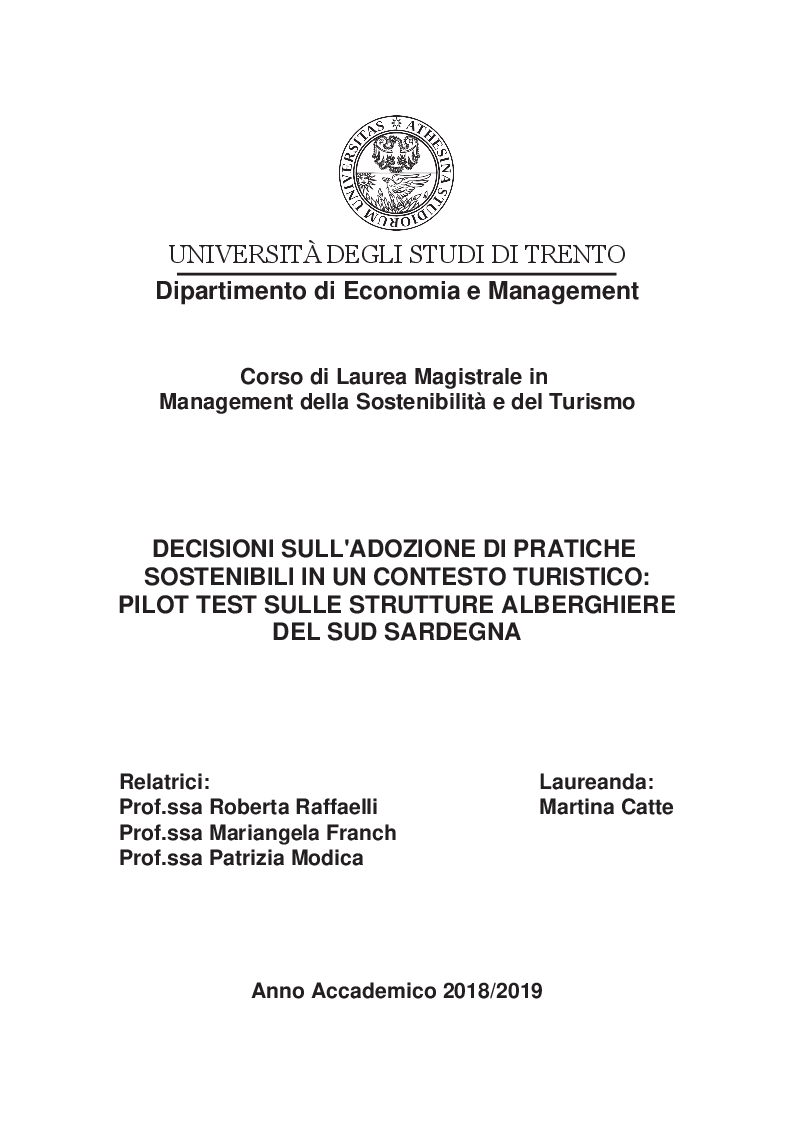 Anteprima della tesi: Decisioni sull'adozione di pratiche sostenibili in un contesto turistico: pilot test sulle strutture alberghiere del sud Sardegna, Pagina 1