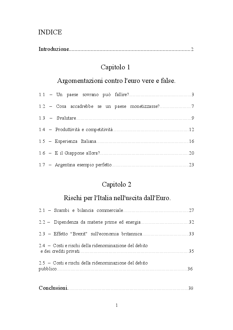 Indice della tesi: L'Euro e l'Italia: Vantaggi e rischi, Pagina 1