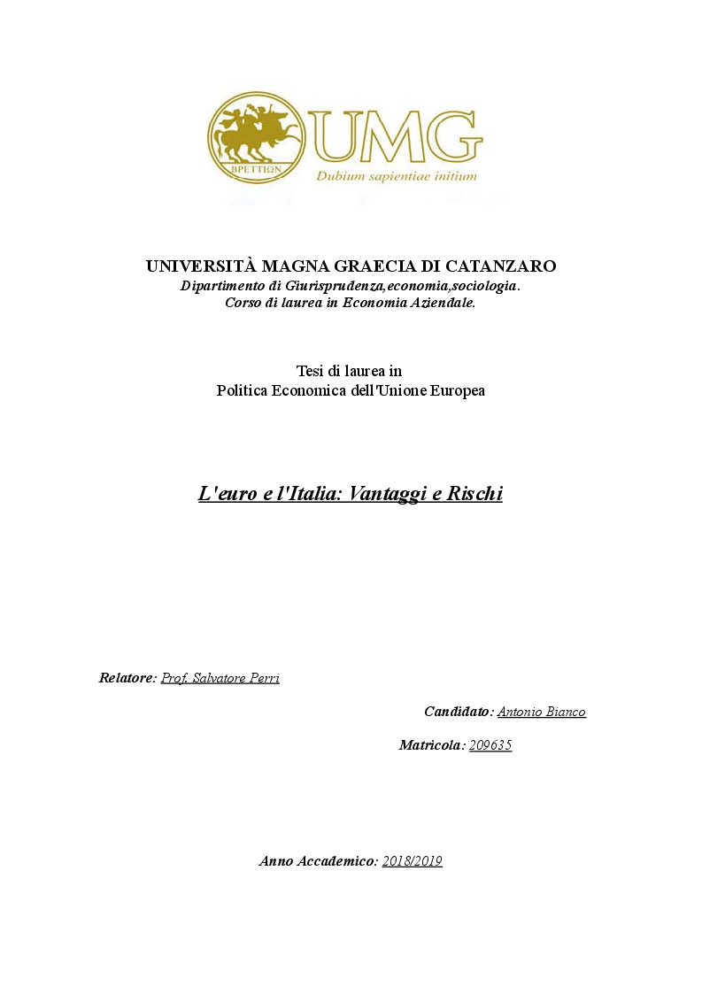Anteprima della tesi: L'Euro e l'Italia: Vantaggi e rischi, Pagina 1