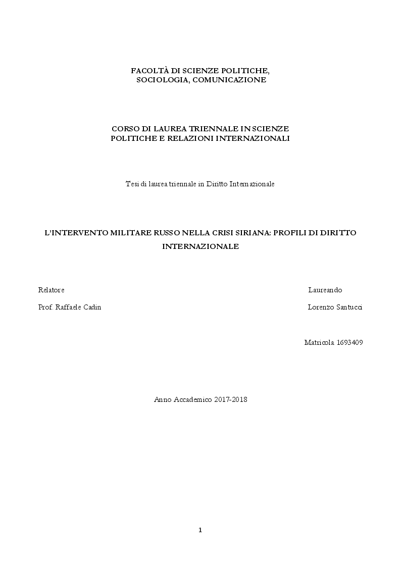 Anteprima della tesi: L'intervento militare russo nella crisi siriana: profili di diritto internazionale, Pagina 1