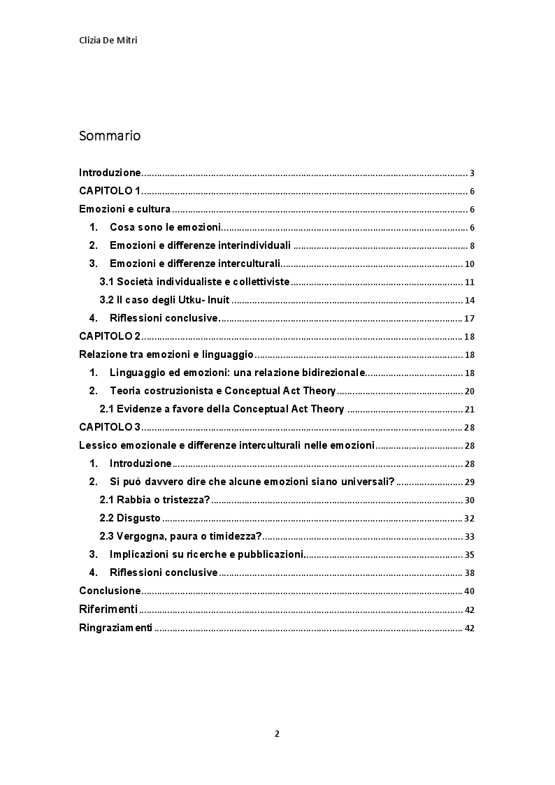 Indice della tesi: Emozioni, cultura e linguaggio: come le parole che conosciamo influenzano ciò che esprimiamo, Pagina 1