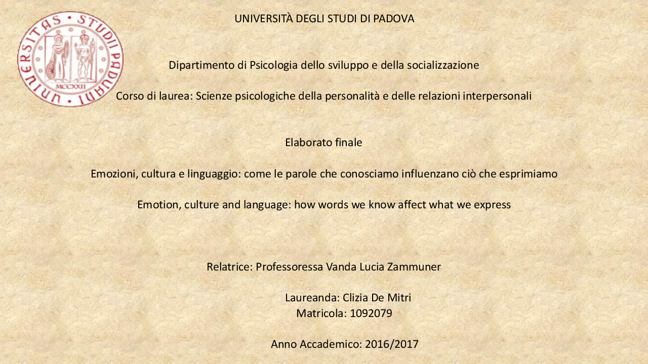 Anteprima della tesi: Emozioni, cultura e linguaggio: come le parole che conosciamo influenzano ciò che esprimiamo, Pagina 1