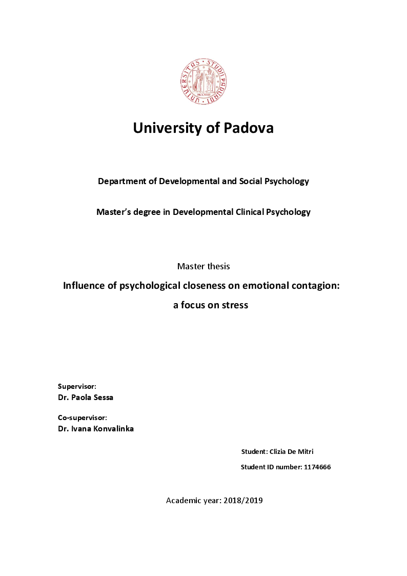 Anteprima della tesi: Influence of Psychological Closeness on Emotional Contagion: a focus on stress, Pagina 1