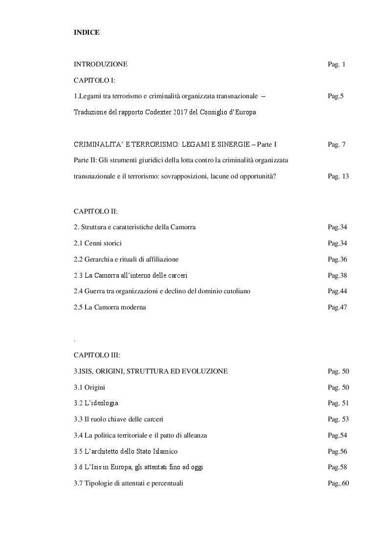Indice della tesi: Isis e terrorismo jihadista in Europa, analogie con il modello operativo del crimine organizzato di matrice camorrista: un parallelismo interpretativo, Pagina 1