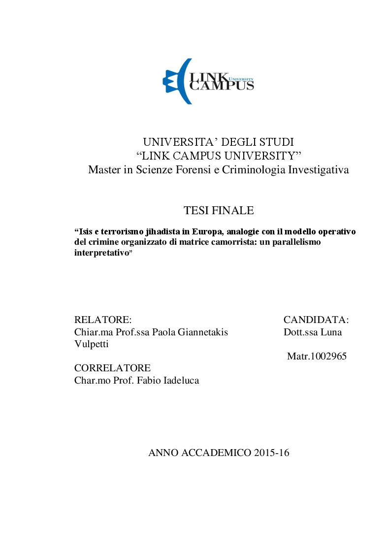 Anteprima della tesi: Isis e terrorismo jihadista in Europa, analogie con il modello operativo del crimine organizzato di matrice camorrista: un parallelismo interpretativo, Pagina 1