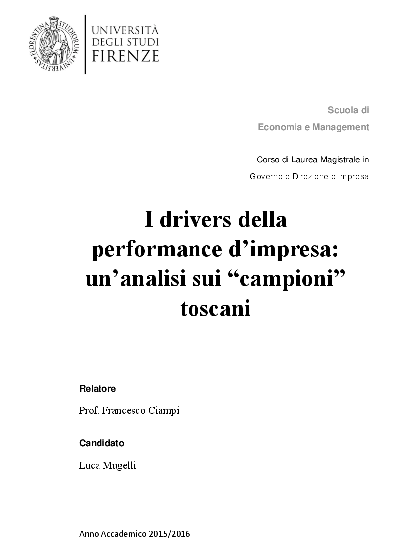 Anteprima della tesi: I drivers della performance d’impresa: un’analisi sui “campioni” toscani, Pagina 1