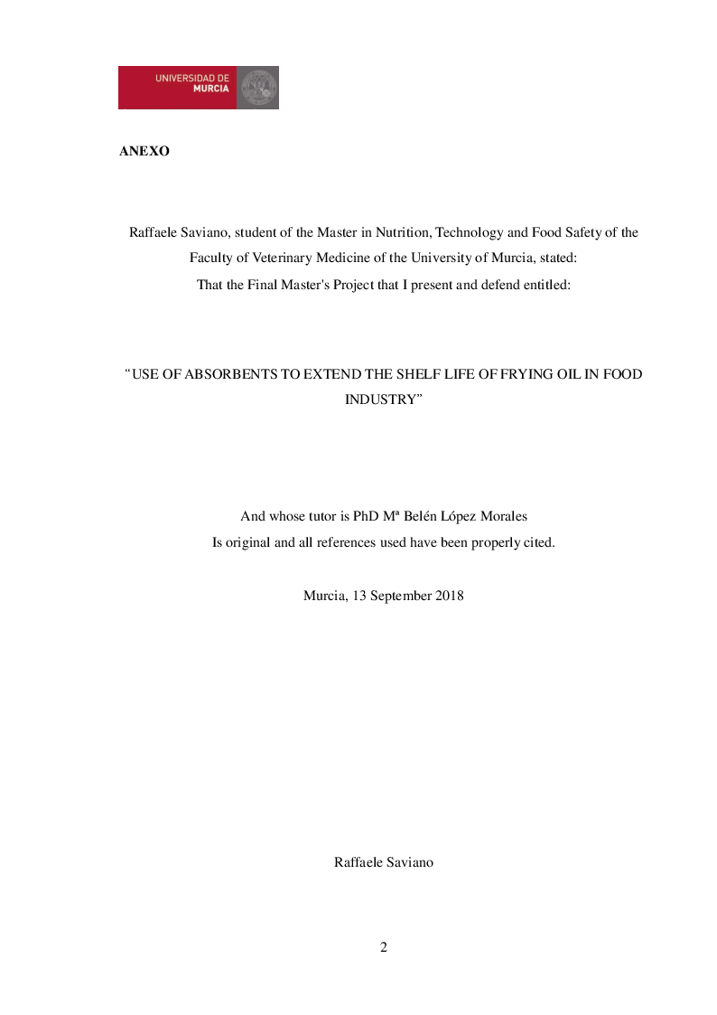 Anteprima della tesi: Use of absorbents to extend the shelf life of frying oil in food industry, Pagina 1