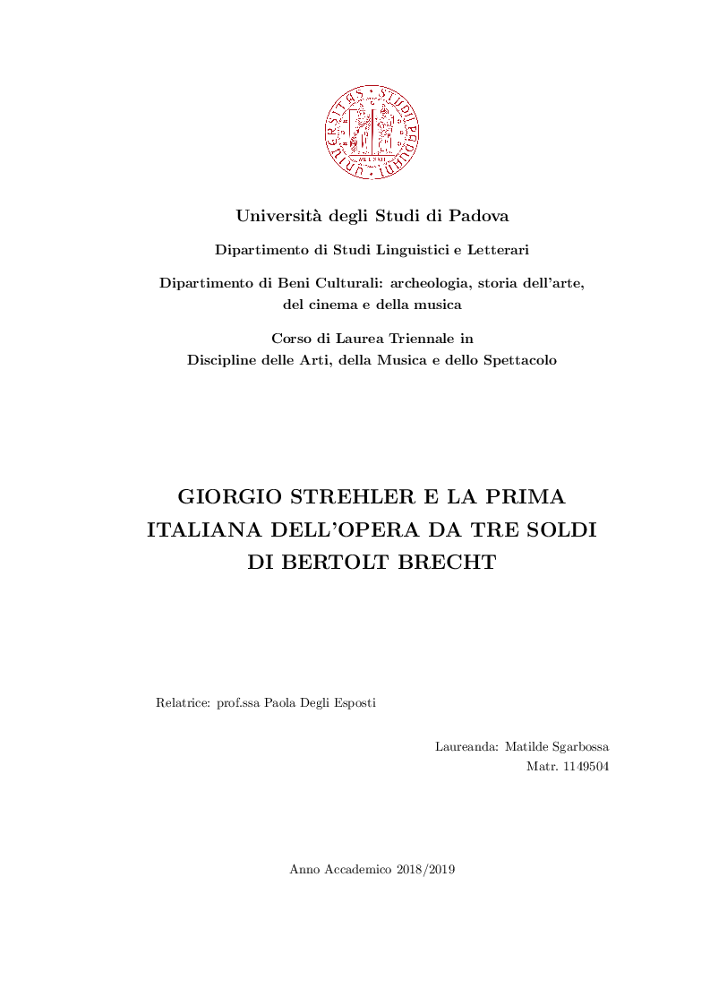 Anteprima della tesi: Giorgio Strehler e la prima italiana dell'Opera da tre soldi di Bertolt Brecht, Pagina 1