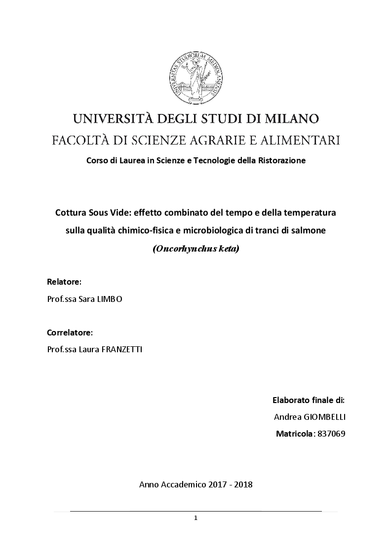 Anteprima della tesi: Cottura Sous Vide: effetto combinato del tempo e della temperatura sulla qualità chimico-fisica e microbiologica di tranci di salmone (Oncorhynchus keta), Pagina 1