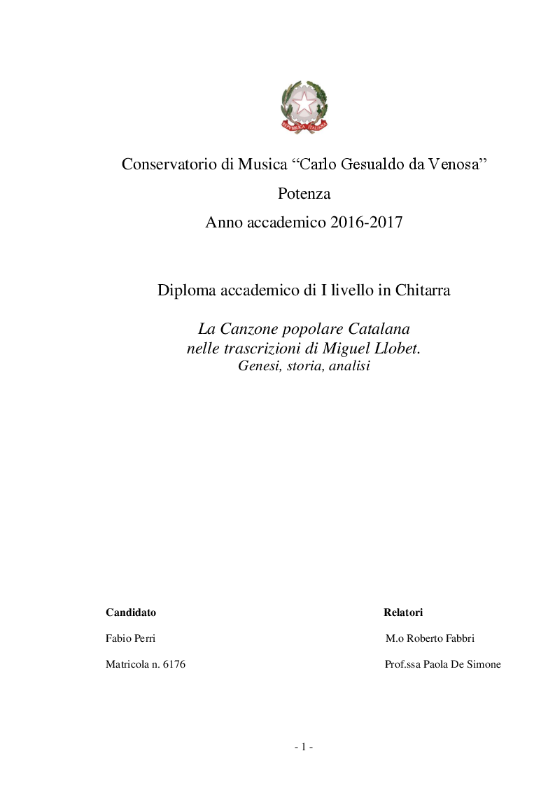 Anteprima della tesi: La Canzone popolare Catalana nelle trascrizioni di Miguel Llobet. Genesi-Storia-Analisi, Pagina 1