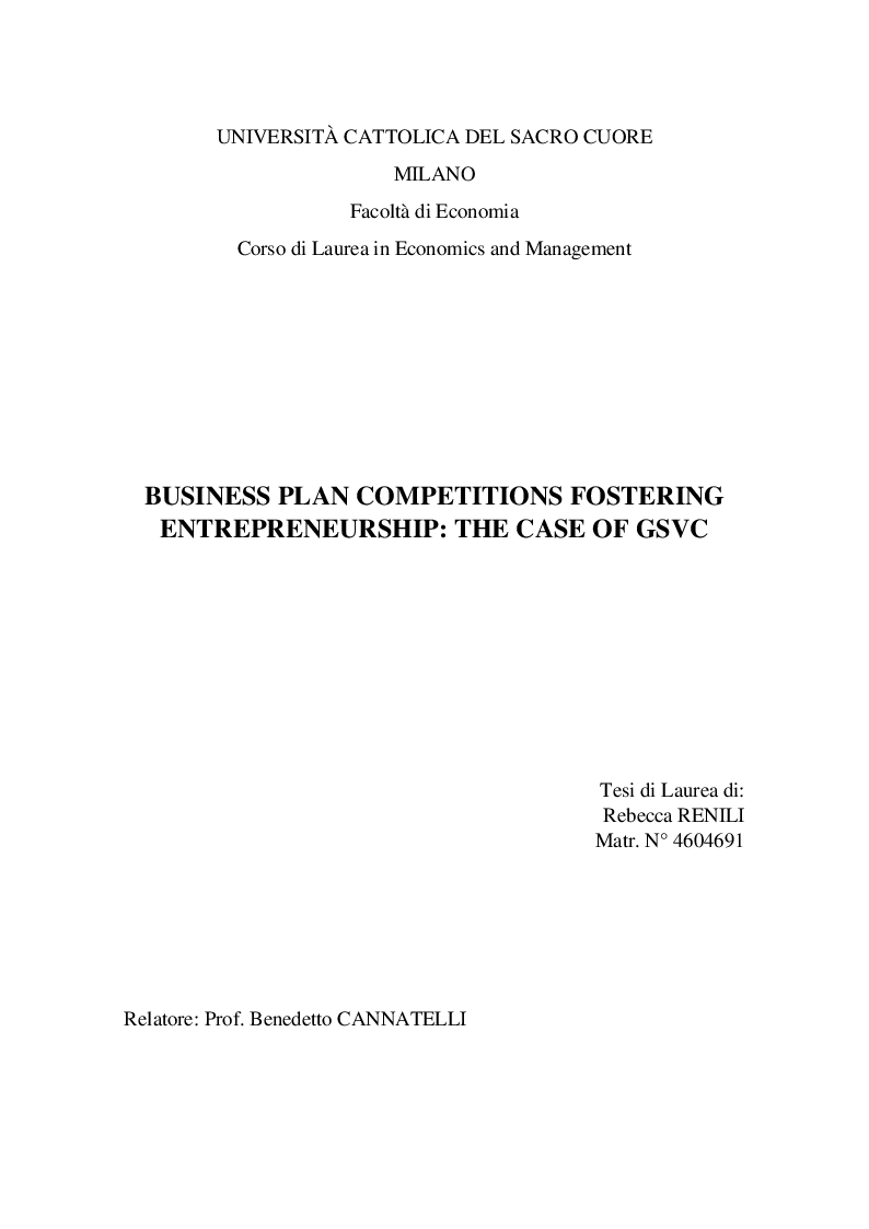 Anteprima della tesi: Business plan competitions: The case of GSVC, Pagina 1