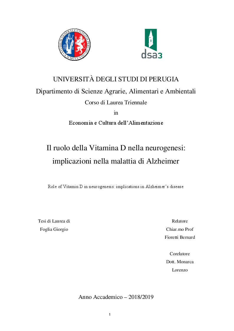 Anteprima della tesi: Il ruolo della Vitamina D nella neurogenesi: implicazioni nella malattia di Alzheimer, Pagina 1