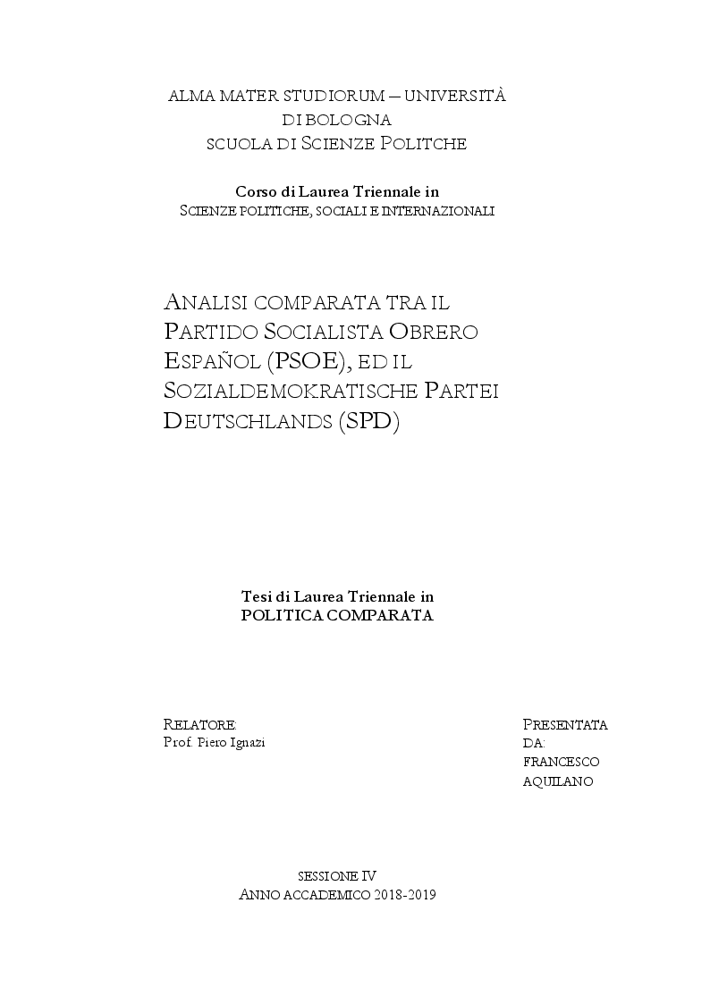 Anteprima della tesi: Analisi comparata tra il Partido Socialista Obrero Español (PSOE) ed il Sozialdemokratische Partei Deutschlands (SPD), Pagina 1
