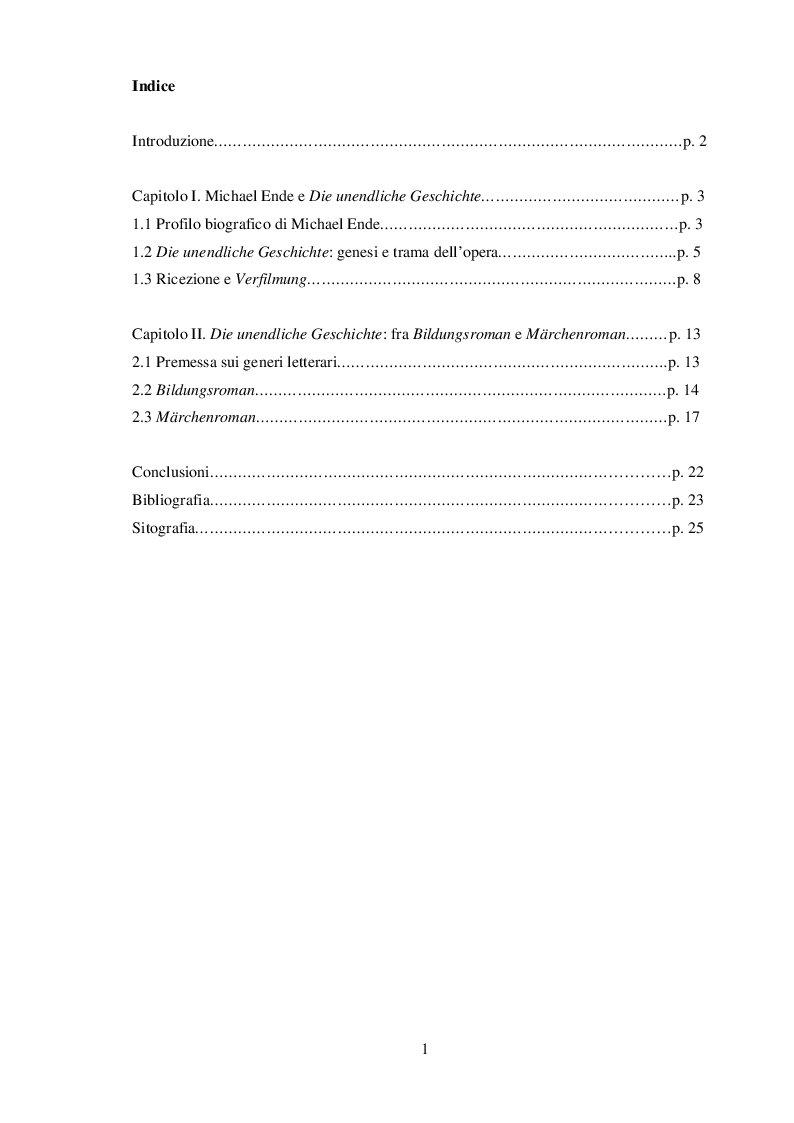Indice della tesi: Fra Bildungsroman e Märchenroman: Die unendliche Geschichte di Michael Ende, Pagina 1