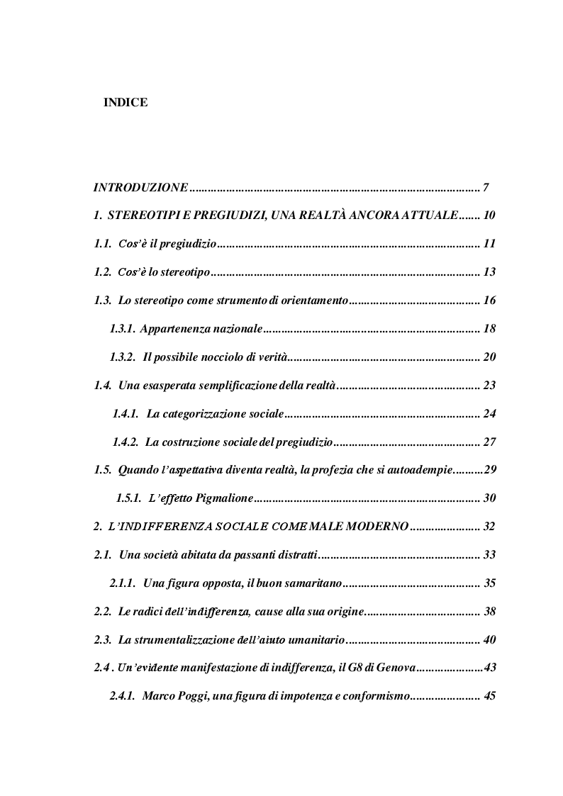 Indice della tesi: Stereotipi, pregiudizi e indifferenza sociale, Pagina 1
