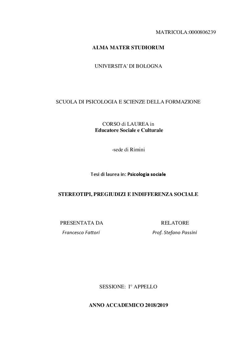 Anteprima della tesi: Stereotipi, pregiudizi e indifferenza sociale, Pagina 1