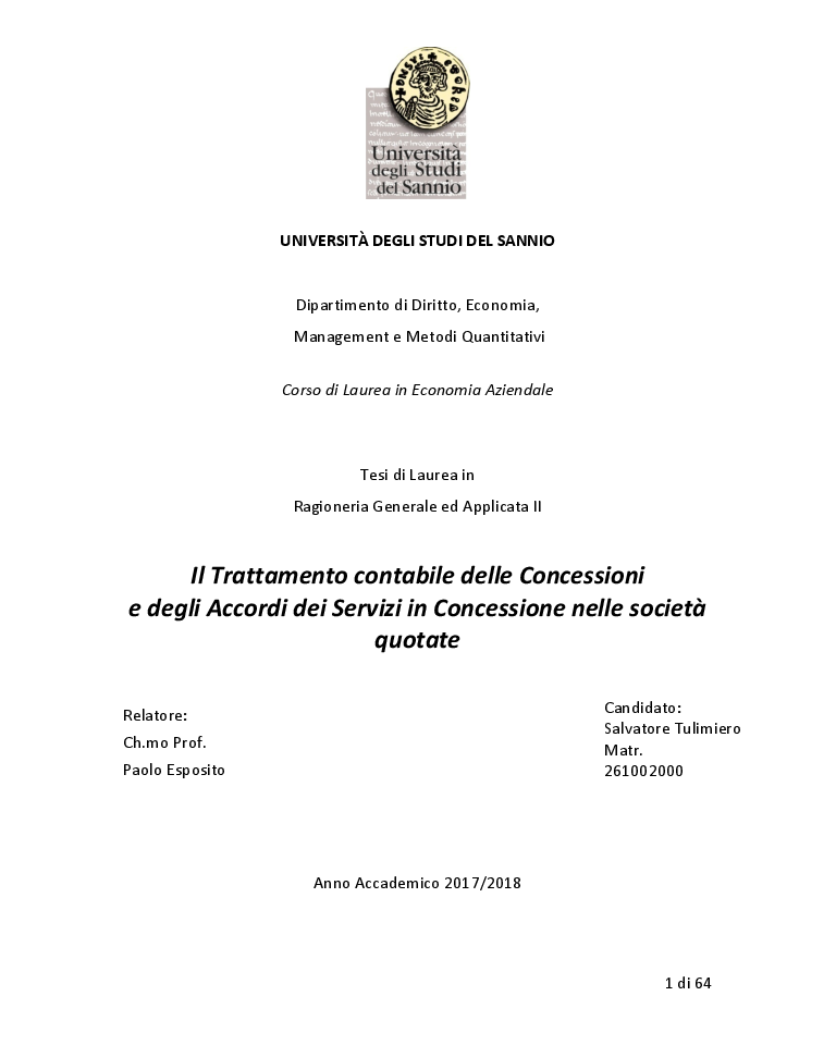 Anteprima della tesi: Il Trattamento contabile delle Concessioni e degli Accordi dei Servizi in Concessione nelle società quotate, Pagina 1