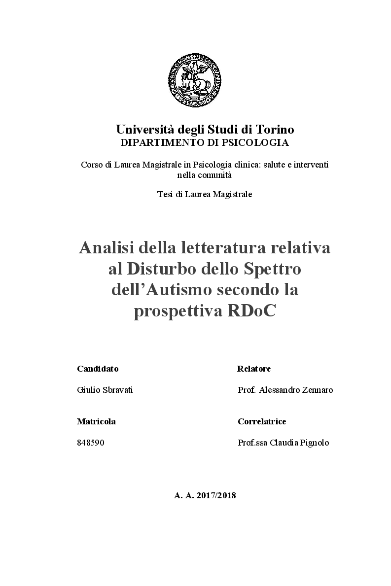 Anteprima della tesi: Analisi della letteratura relativa al Disturbo dello Spettro dell'Autismo secondo la prospettiva RDoC, Pagina 1