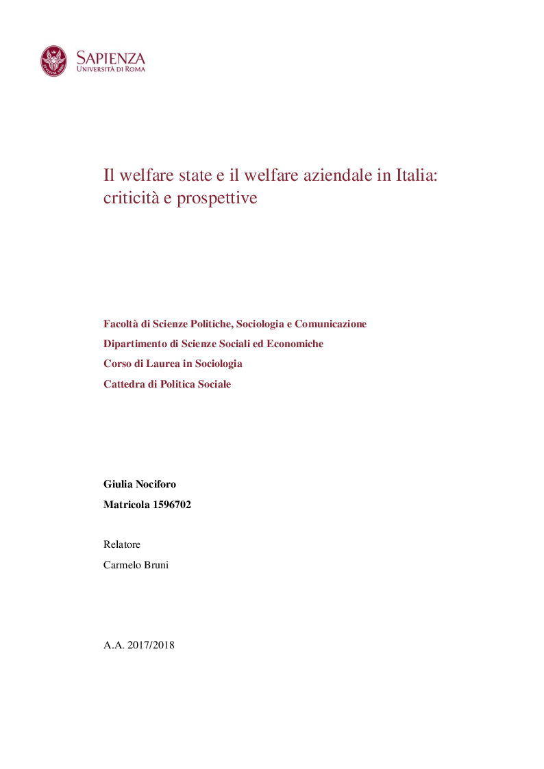 Anteprima della tesi: Il welfare state e il welfare aziendale in Italia: criticità e prospettive, Pagina 1