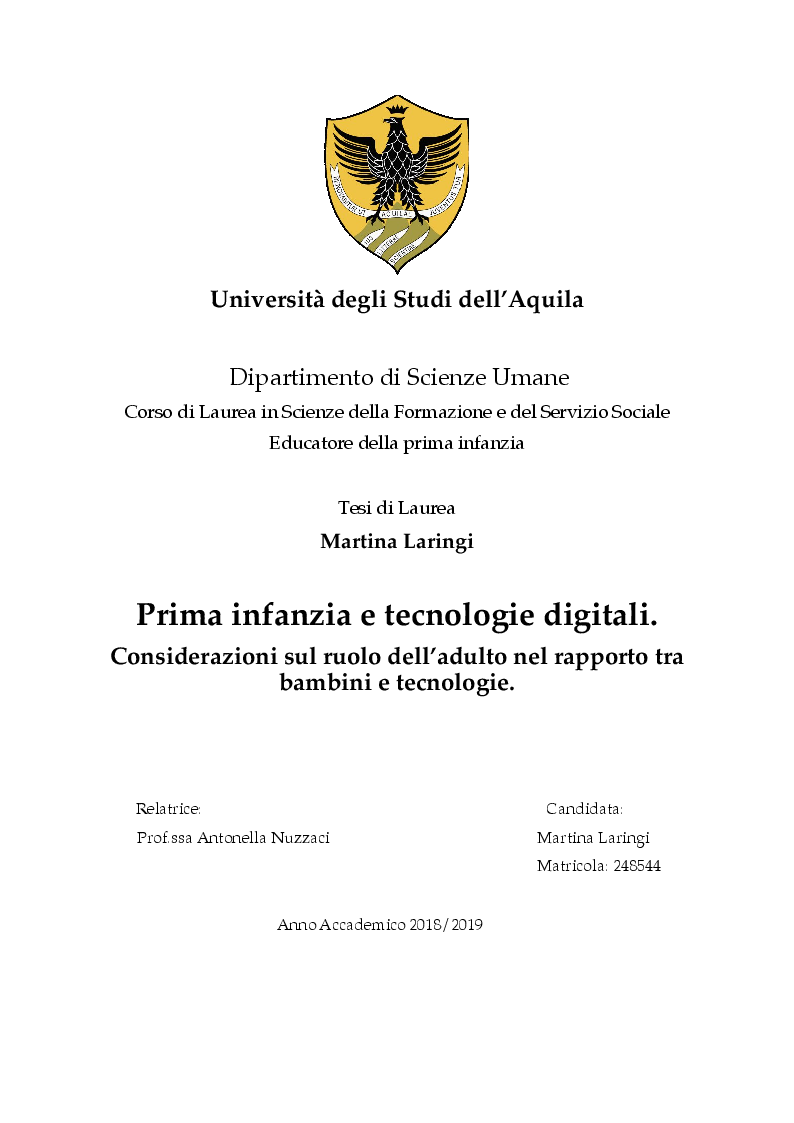 Anteprima della tesi: Prima infanzia e tecnologie digitali - Considerazioni sul ruolo dell'adulto nel rapporto tra bambini e tecnologie, Pagina 1
