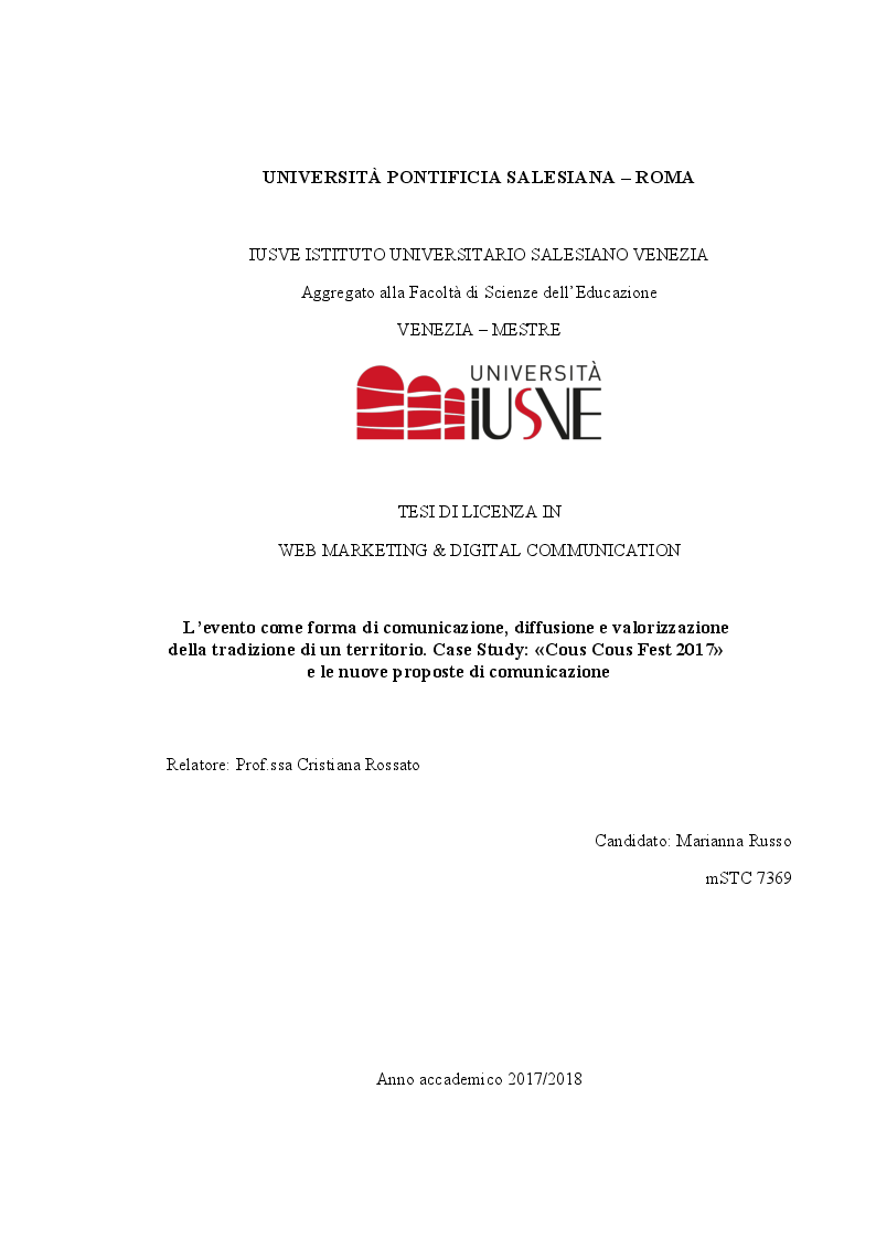 Anteprima della tesi: L'evento come forma di comunicazione, diffusione e valorizzazione della tradizione di un territorio. Case Study: «Cous Cous Fest 2017» e le nuove proposte di comunicazione, Pagina 1