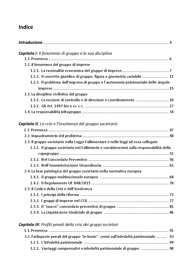 Indice della tesi: Gruppi societari e crisi d'impresa: profili penali, Pagina 1