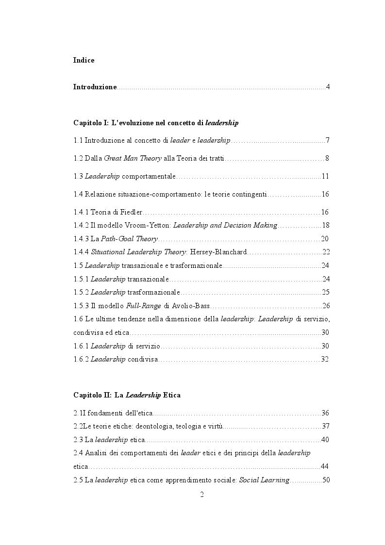 Indice della tesi: Leadership Etica e Performance Organizzative, Pagina 1