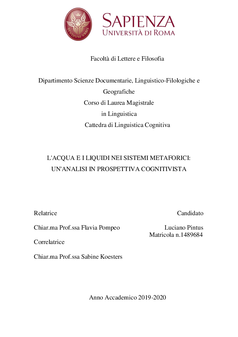 Anteprima della tesi: L'acqua e i liquidi nei sistemi metaforici: un'analisi in prospettiva cognitivista, Pagina 1