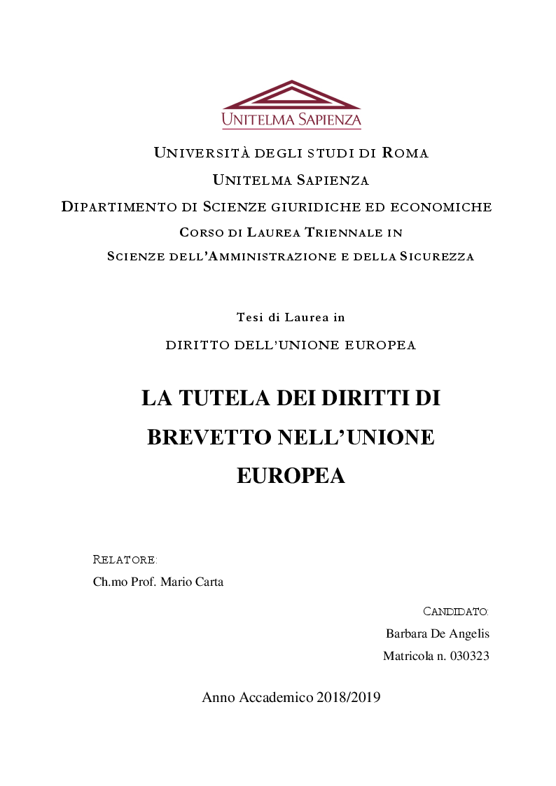 Anteprima della tesi: La tutela dei diritti di brevetto nell'Unione Europea, Pagina 1
