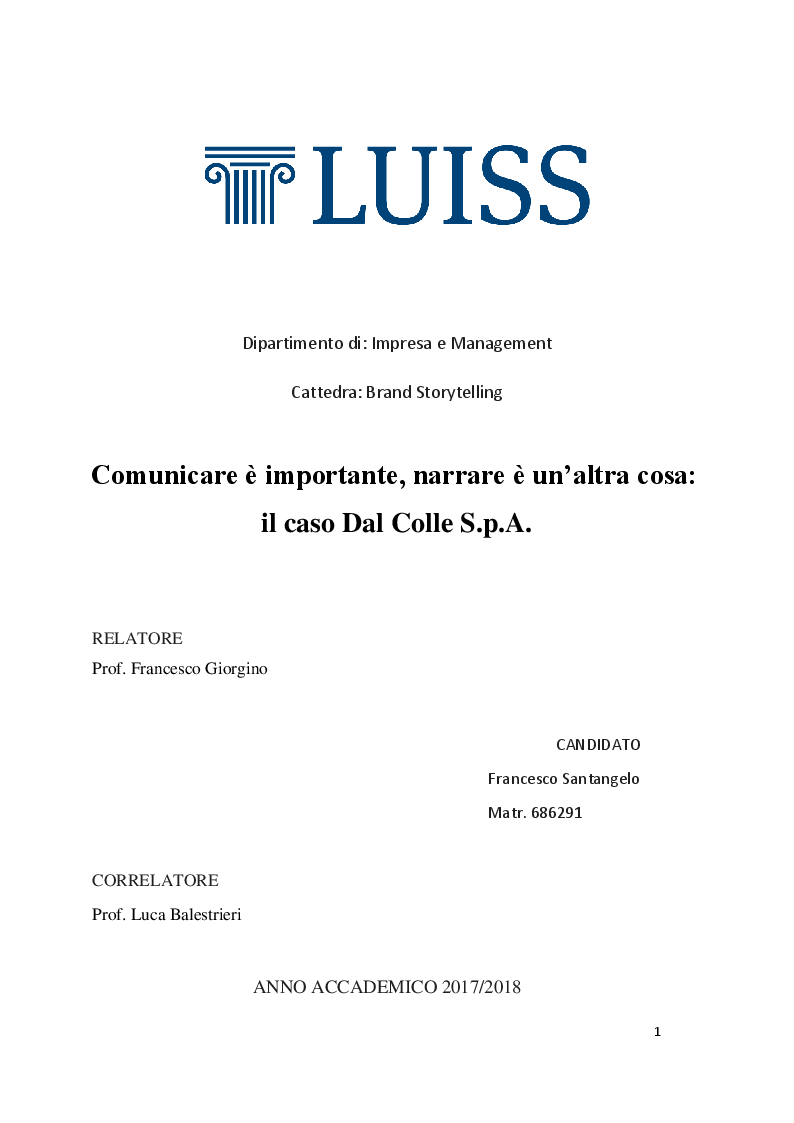 Anteprima della tesi: Comunicare è importante, narrare è un'altra cosa: Il caso Dal Colle S.p.A., Pagina 1